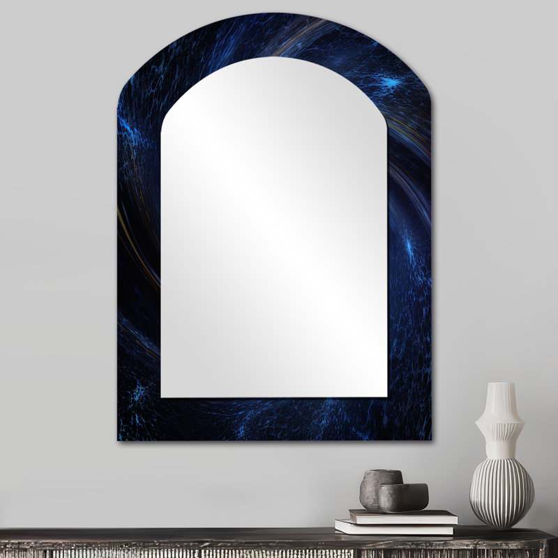 Space Light Orbiting A Black Hole III - grand miroir mural asymétrique, miroir décoratif arqué bleu, impression d'art en métal