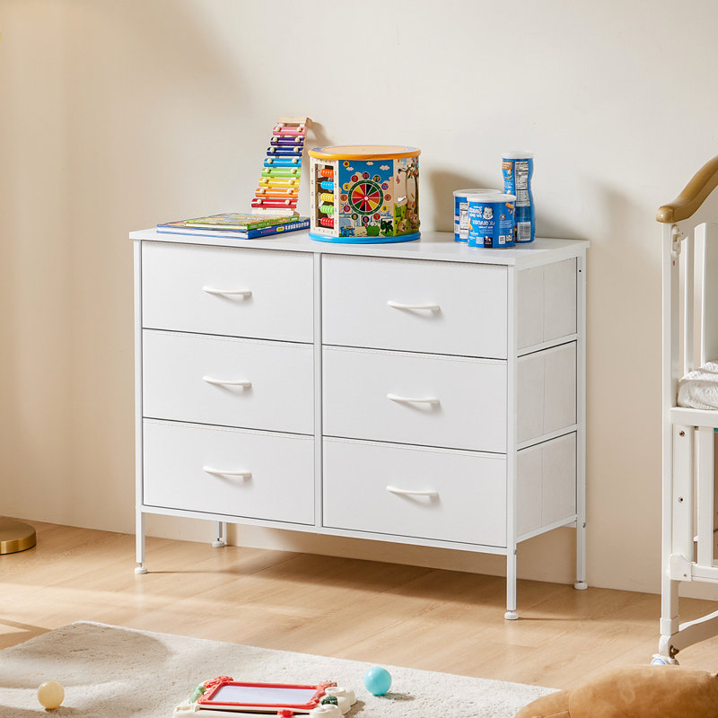 Commode pour chambre à coucher avec 6 tiroirs de rangement en tissu pour commode de chambre à coucher avec structure en métal et plateau en bois pour la télévision