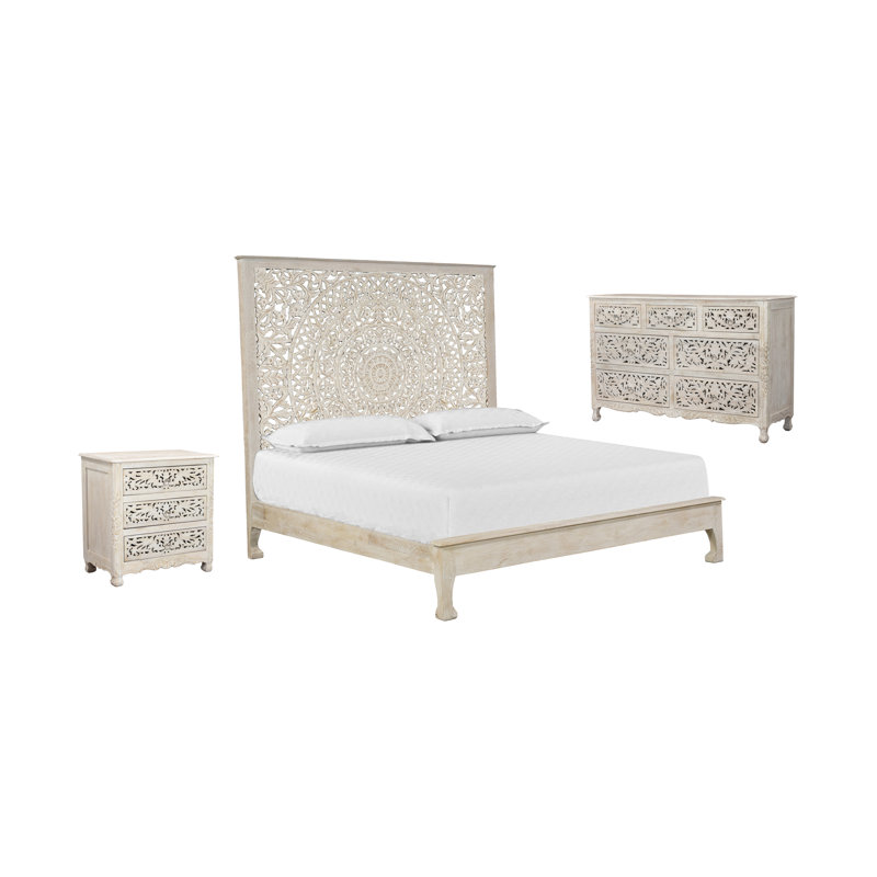 Ensemble de chambre à coucher configurable standard en bois massif Bianca, Blanc, Très grand lit