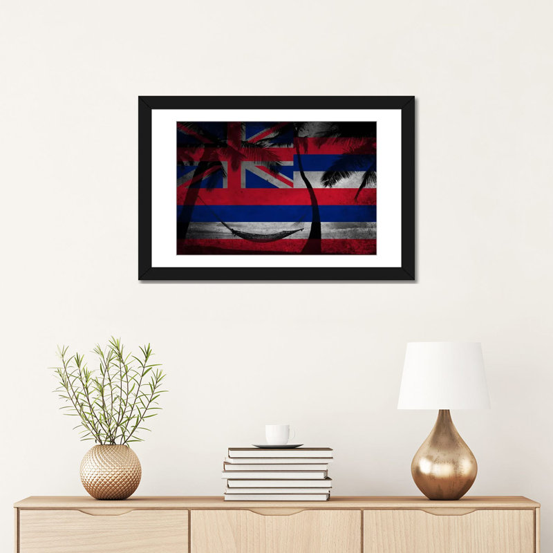 Drapeau hawaii, grunge beach, impression sur toile, "océan hamac", H 24 po x l 32 po x P 1 po, Papier d'art encadré noir