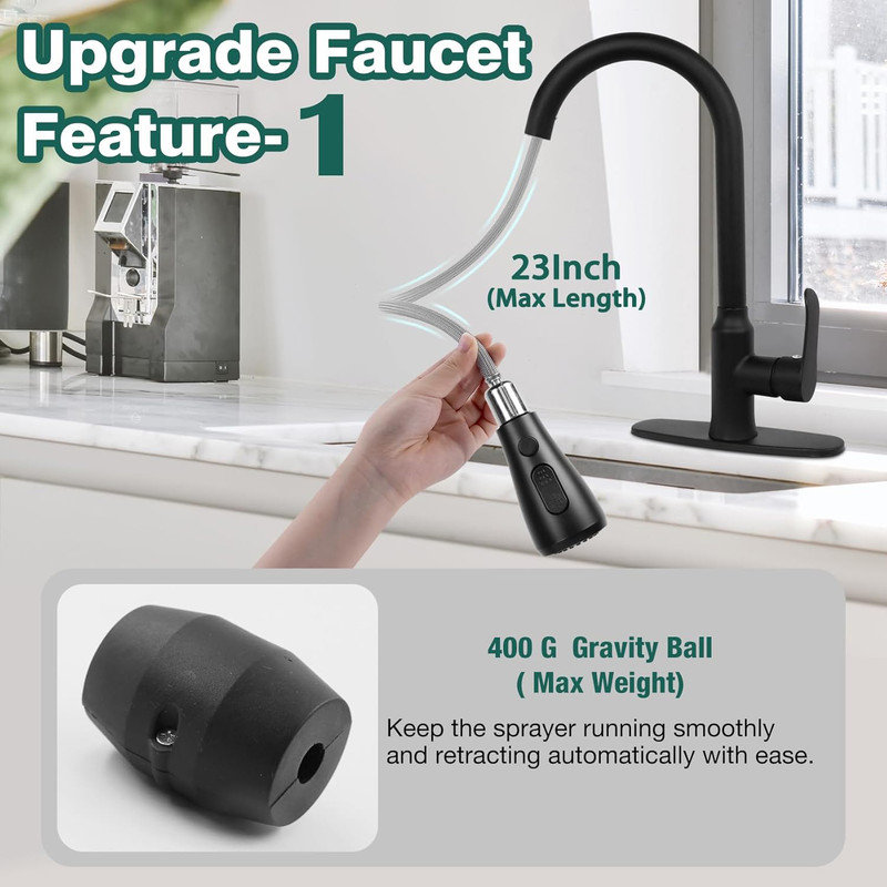 Matte Black Stainless Steel Pull-Down Kitchen Faucet with Soap Dispenser