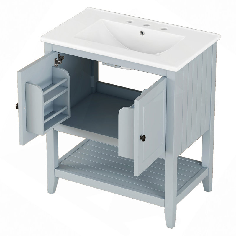 Lavabo de salle de bain moderne et élégant avec lavabo en céramique et structure ouverte en bois massif, Gris, 30"