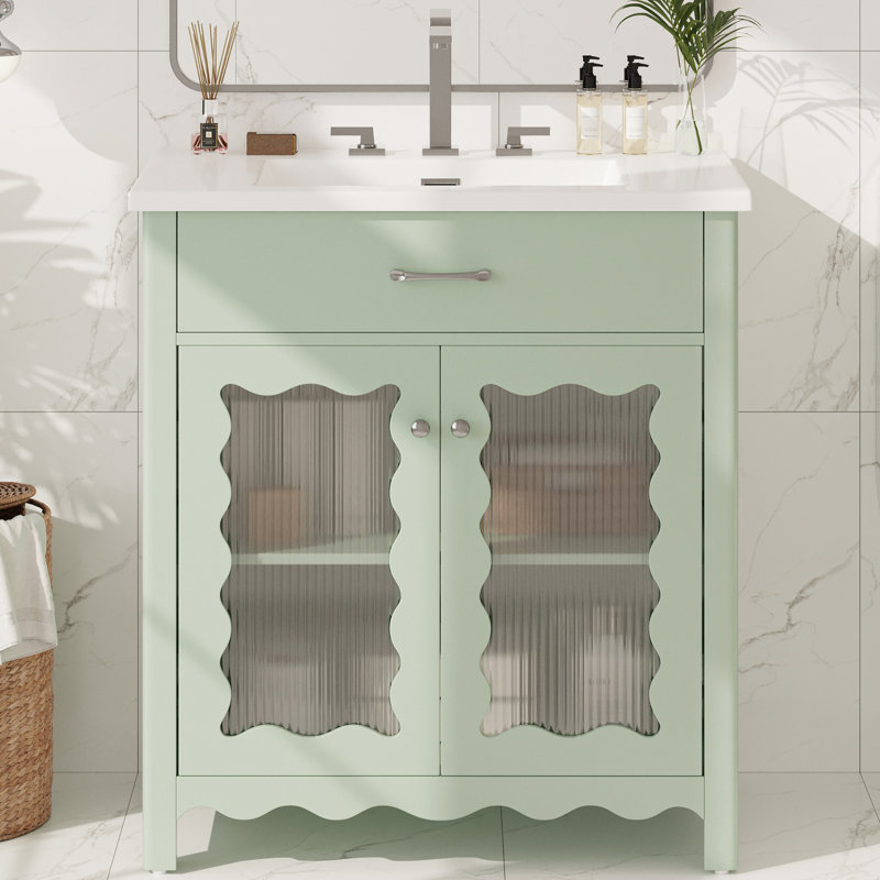 Meuble-lavabo de salle de bain de 79 cm (31 po) avec portes en verre à rayures verticales, étagères réglables, charnières à fermeture douce et résistance aux égratignures et aux taches pour un lavabo rectangulaire en céramique facile d'entretien et bien organisé.