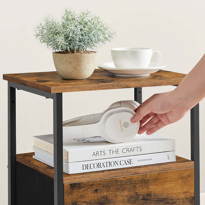 Side Table With 2 Fabric Drawers And Storage Shelf, Black/Brown