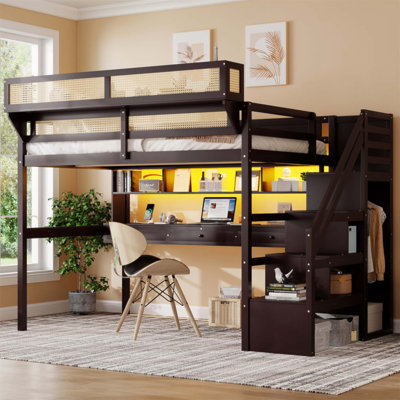 Lit mezzanine en bois pleine grandeur avec bureau, garde-robe et station de charge, éclairage à DEL RVB intégré et escalier sécuritaire (sans matelas)