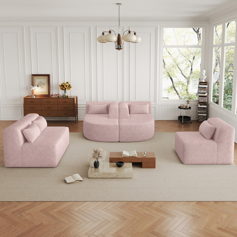 Canapé rembourré de 144 po avec deux méridiennes et cinq coussins de dossier pour le salon, Polyester rose