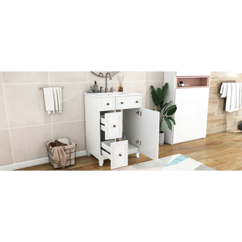 Armoire de meuble-lavabo 24 po avec lavabo en céramique, 2 tiroirs, 1 porte, White