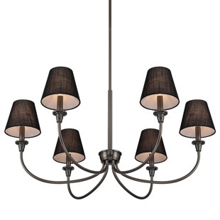 Lustre Cambria à 6 lumières en laiton champagne avec abat-jour noirs