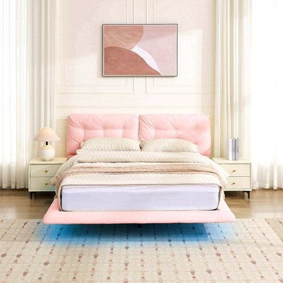 Cadre de lit flottant pour grand lit avec lumières DEL, lit plateforme en cuir d'unité centrale avec tête de lit capitonnée, assemblage facile, aucun sommier tapissier requis, rose