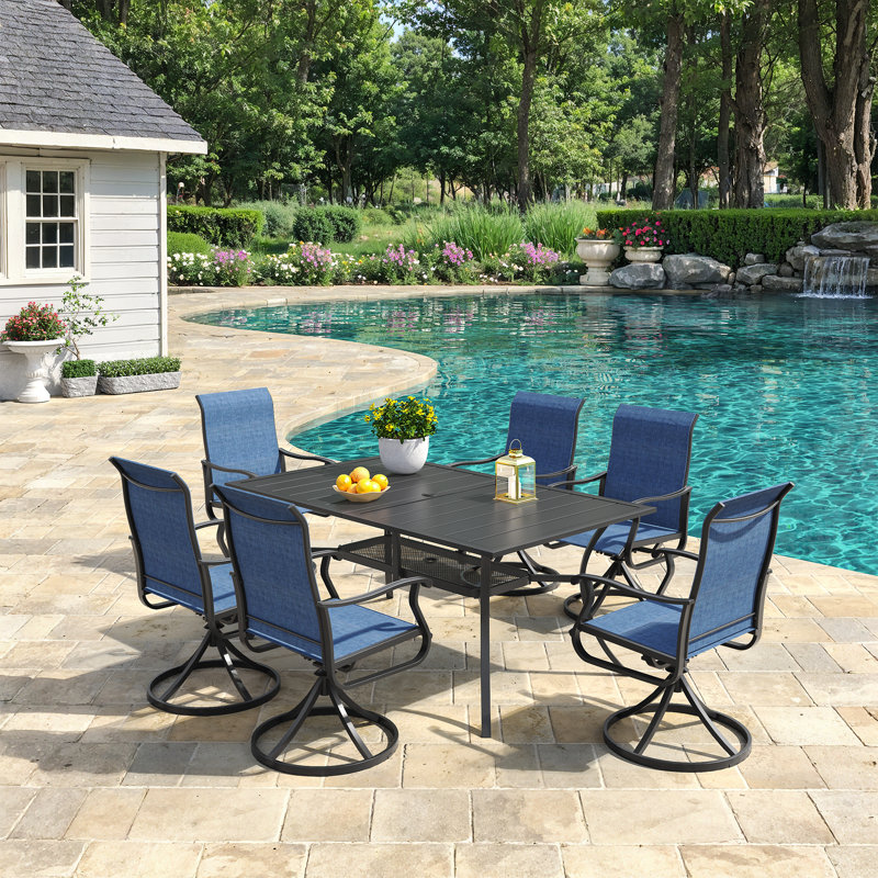 6-Person Patio Dining Set with Rectangular Dining Table and 6 PVC-coated polyester Swivel Chairs, Blue