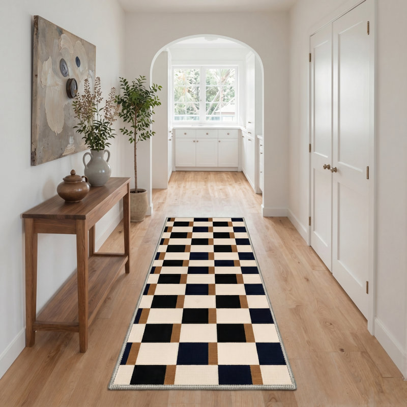 Liadan Monochrome Checkered Machine Washable Biege / Brown / Black Indoor Area Rug with Non-Slip Backing, Runner 2' x 6'
