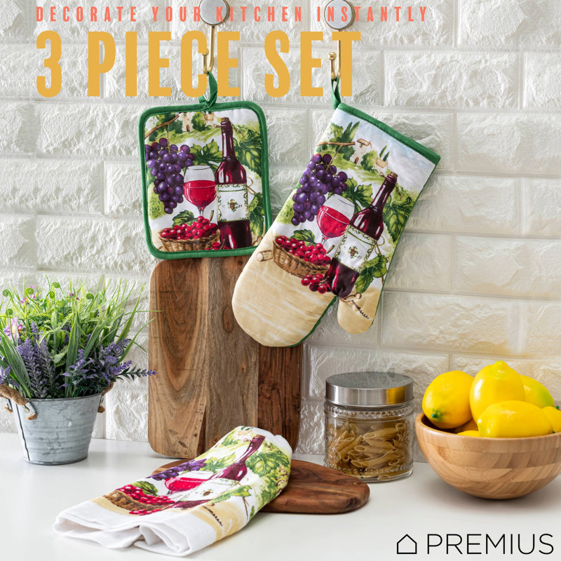 Ensemble de linge de cuisine imprimé 3 pièces PREMIUS, vin, 1 serviette en coton, 1 support à casserole, 1 gant de cuisine