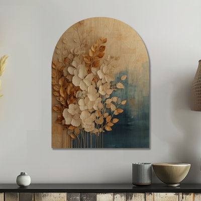 Décoration murale en bois arquée à motifs floraux, fleurs ivoire et feuilles dorées