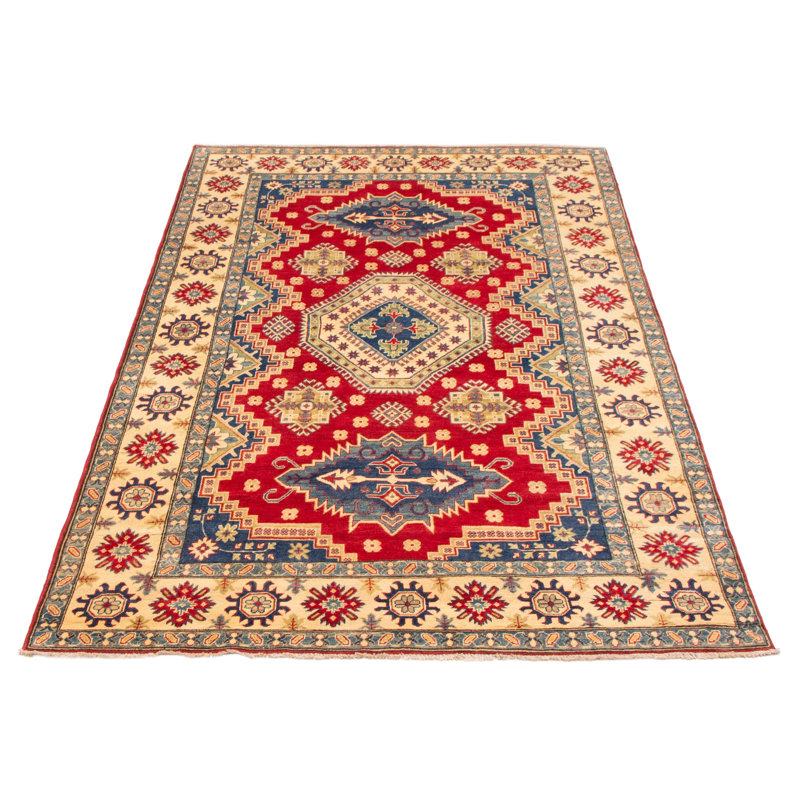 Tapis rouge en laine noué à la main de conception unique 6 pi 7 po x 9 pi 10 po New Age