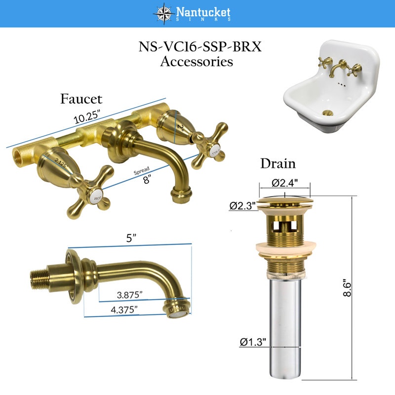 Nantucket Sinks 16.5-inch Fireclay Wallmount Bath Sink with Short Spout Faucet and Drain, Gold/White