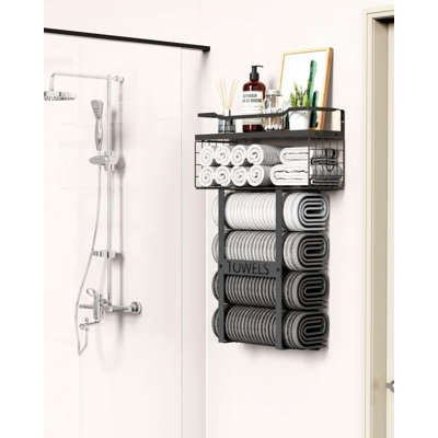 Space-Saving Black Towel Rack for Small Bathroom – Wall Mounted Vertical Wood Shelf Above Toilet, Rolled Towel Organizer & Bath Storage Holder