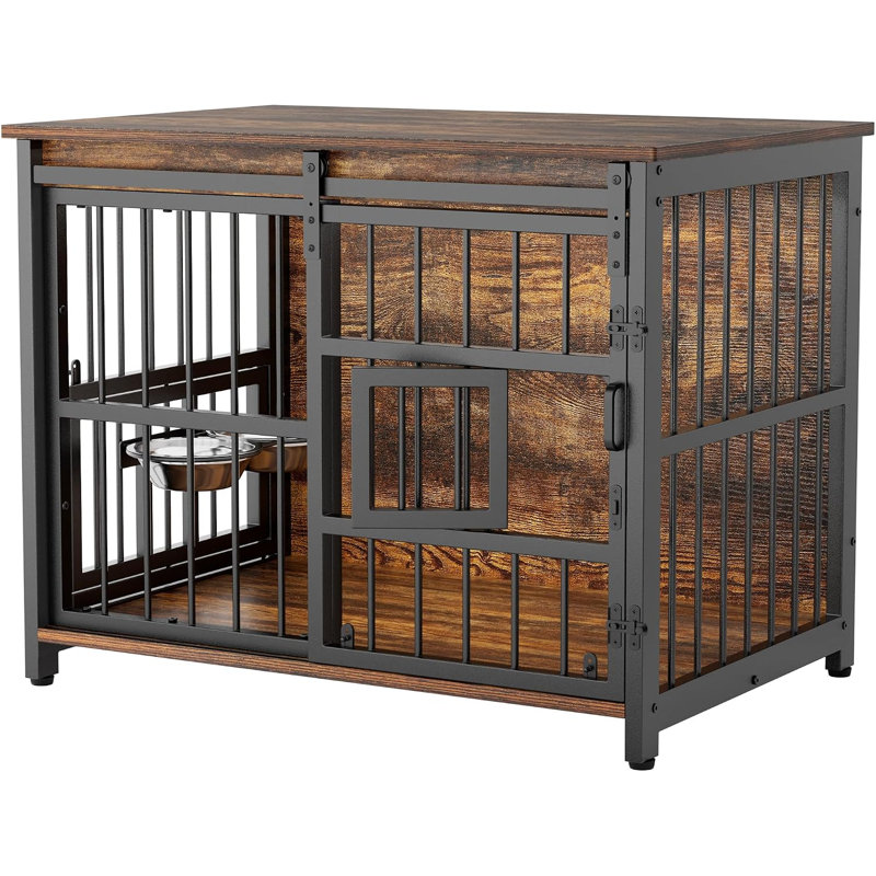 Dog Crate Furniture, Wooden Heavy-Duty Dog Cage with Sliding Barn Door, Escape-Proof and Chew-Proof, Interactive Window for High-Anxiety Dogs, Double-Door, 360° Adjustable Bowls