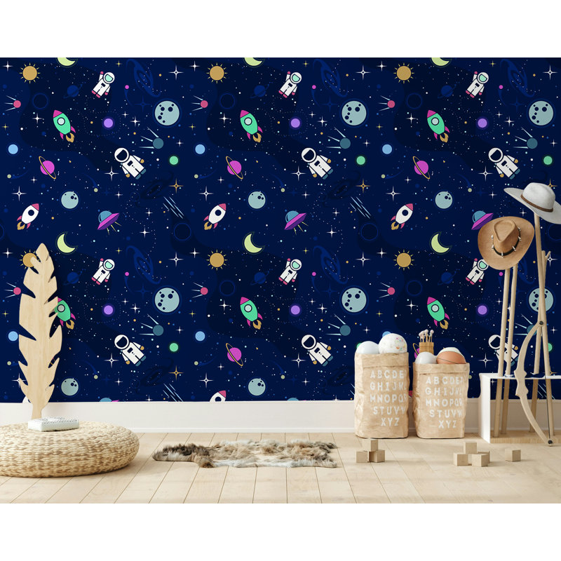 Papier peint fusées et astronautes pour enfants, bleu marine, L 36,96 po x l 56 po