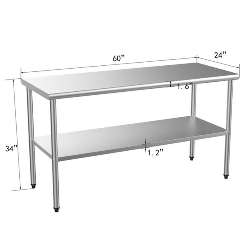 Table en acier inoxydable avec tablette inférieure, H 34 po x l 60 po x P 24 po