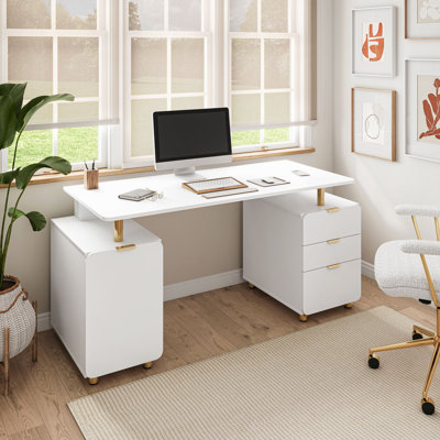 Bureau de direction élégant avec détails dorés, 3 tiroirs et armoire avec tablette réglable et ventilation, bureau moderne avec rangement et surface de travail flottante, et or