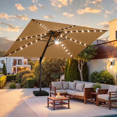 11' X 9' Patio Solar Led Lights Cantilever Umbrella with Counter Weighted Base