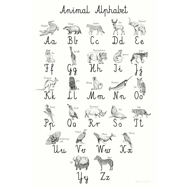 «Animal Alphabet», art textuel sur toile tendue, H 18 po x l 12 po
