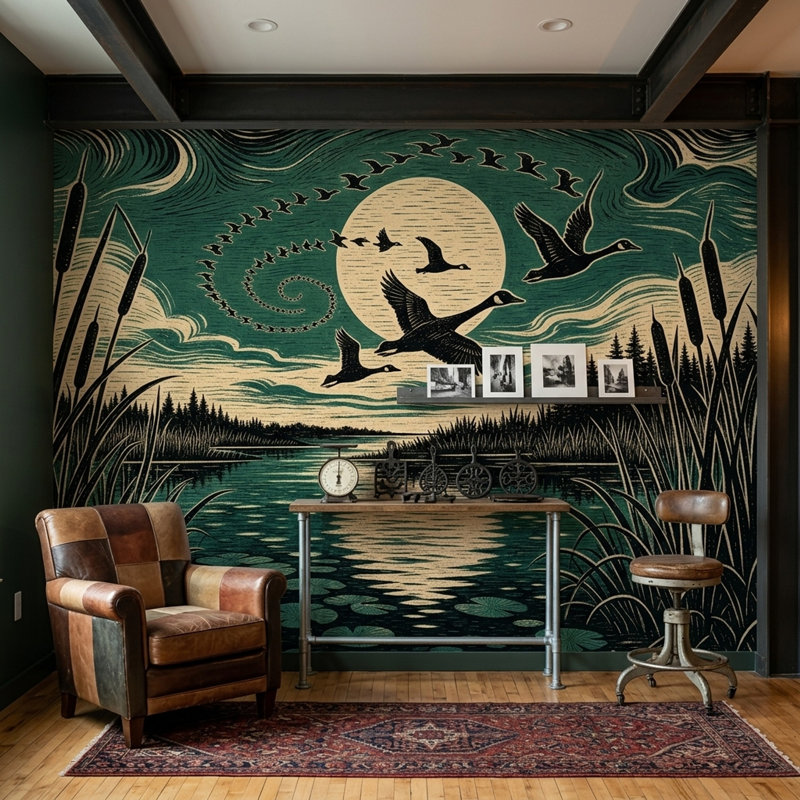Papier peint mural de style gravure sur bois représentant des oies en vol dans un marais au clair de lune, 120"x96"