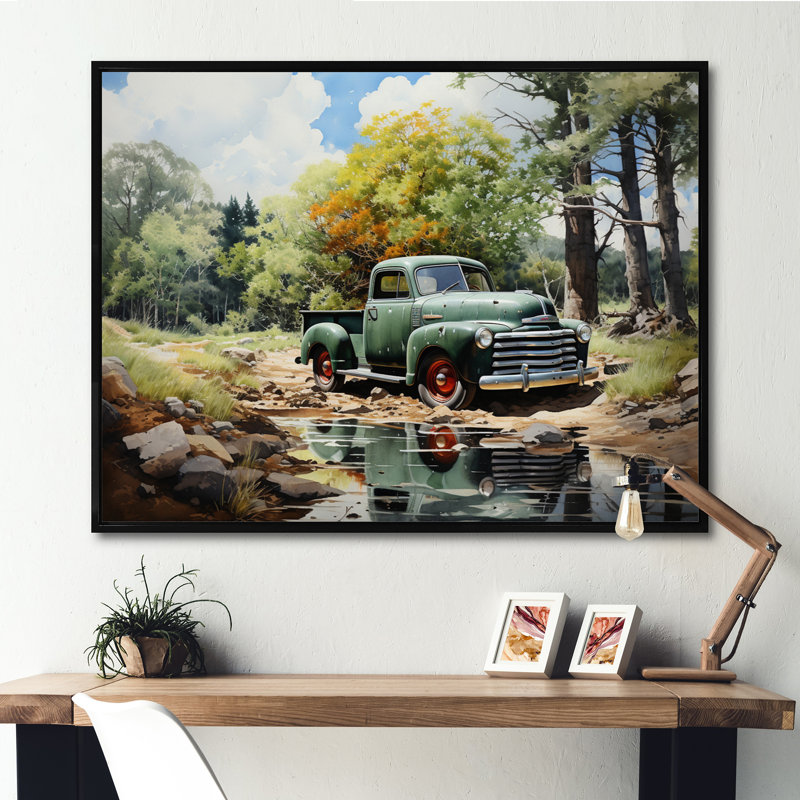 «Pickup Truck Tranquil Lakeside II», reproduction sur toile, Cadre flottant noir, H 30 po x l 40 po x P 1,5 po