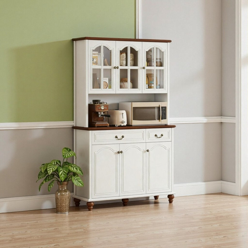 Élégant buffet de cuisine blanc avec 6 portes en verre, 2 tiroirs et tablettes réglables
