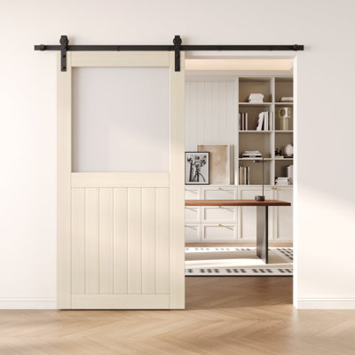 42x80 Tinsmith Gray Color Half Lite Glass Design Finished Unassembled Solid Wood Sliding Barn Door Only