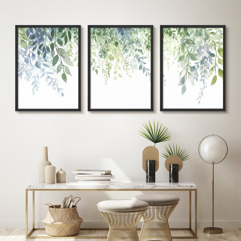 «Greenery Leaves Watercolor», ensemble de 3 reproductions d'art botaniques encadrées - Botanical Nature Prints, Naturel