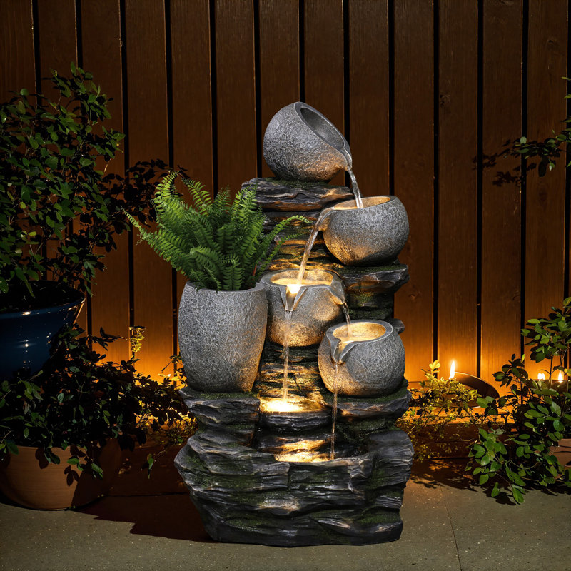 3-Tier Gray Pots on Stacked Rocks 2.5-Feet Tall Outdoor Polyresin Fountain with Lights and Gray Side Planter