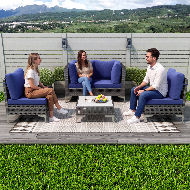 Ensemble de conversation 5 pièces en osier, canapé modulaire d'extérieur Boho avec coussins épais résistants à l'eau et table basse, brun / bleu