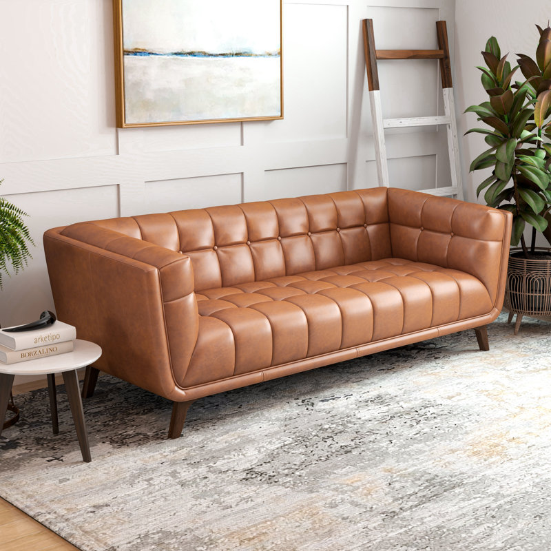 Ardrie 83.8'' Mid-Century Modern Furniture Style Genuine Leather Chesterfield Sofa, Cognac Tan Genuine Leather