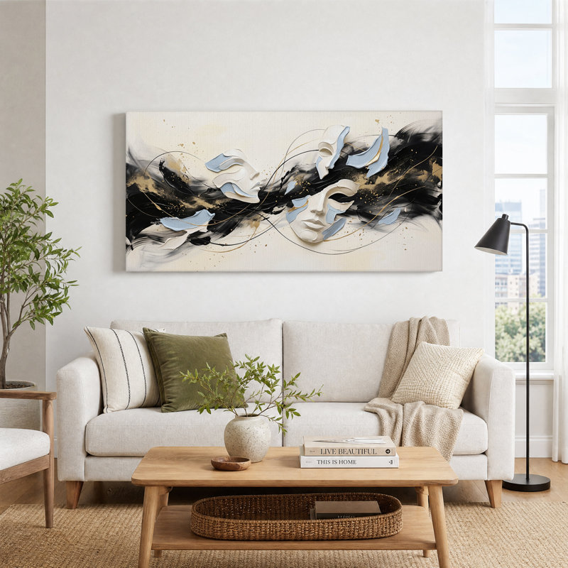 Visages sculptés abstraits sur toile noire et or, 32“W x 16”H