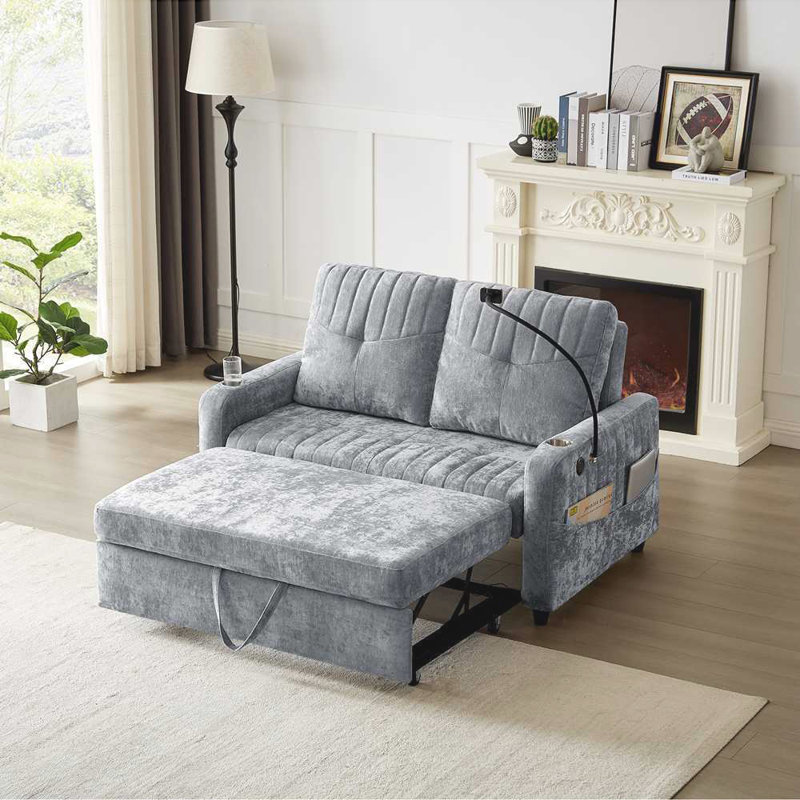 Loveseat, Pull-Out Sofa Bed With Adjustable Backrest And Two Cup Holders, Gray Chenille