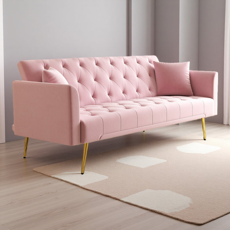 Modern Convertible 72.87 Inch Foldable Sleeper Sofa With Tufted, American Retro Style, Made Of Velvet Material, Pink