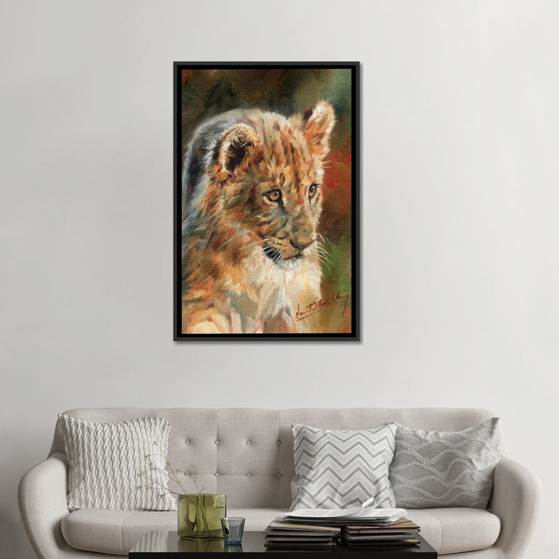 « lion cub », impression sur toile, H 26 po x l 18 po x P 1,5 po, Toile avec cadre noir, Pas de tapis