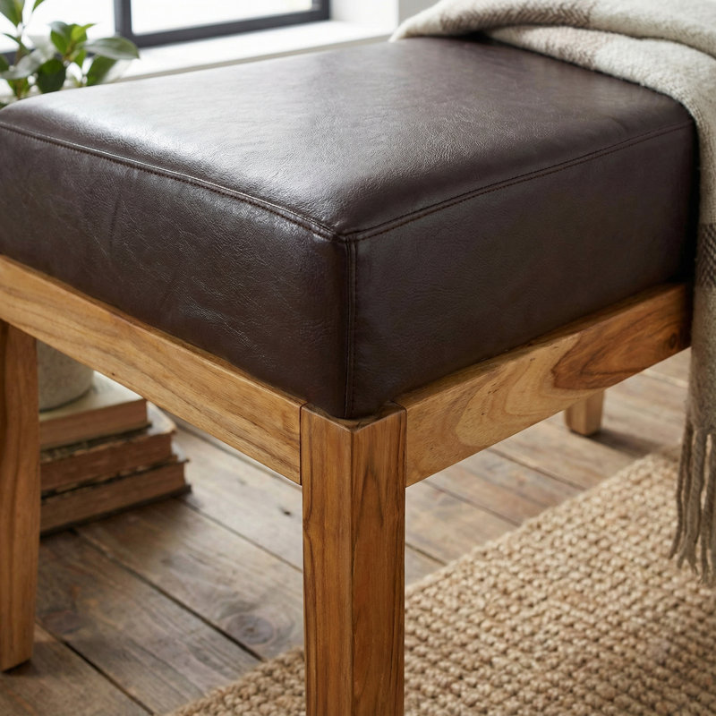 Banc Layan 100% cuir véritable et teck, brun