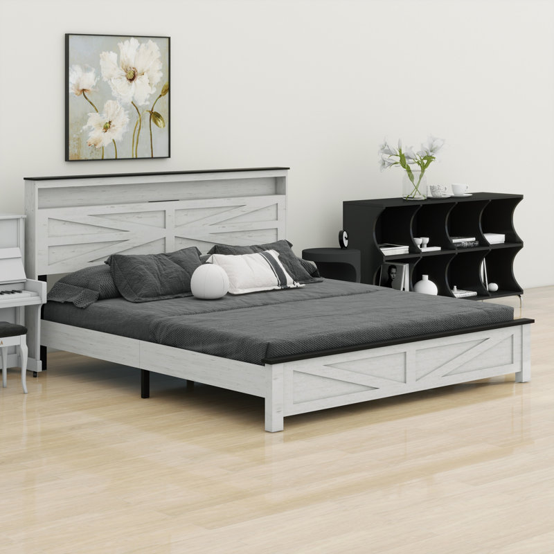Cadre de lit avec lumières DEL et base de lit plateforme avec coussin de charge, avec tête de lit et espace de rangement caché