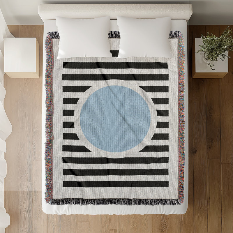 Jeté de lit rond en mélange de coton, L 60 po x l 60 po, Bleu / noir / blanc cassé