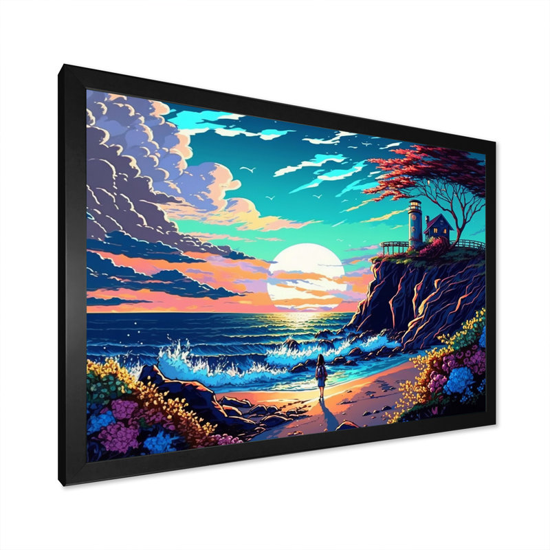 «Modern Sunset in Vector Style II», reproduction sur toile, L 40 po x H 30 po, Cadre photo noir