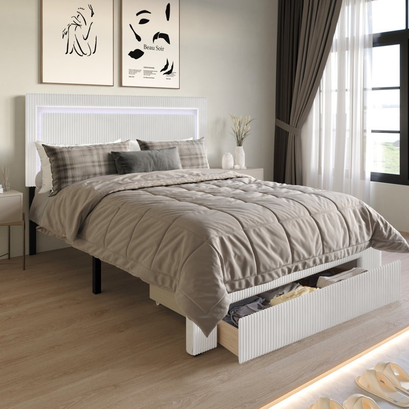 Lit plateforme tapissier avec rangement Gouker, Blanc, Grand