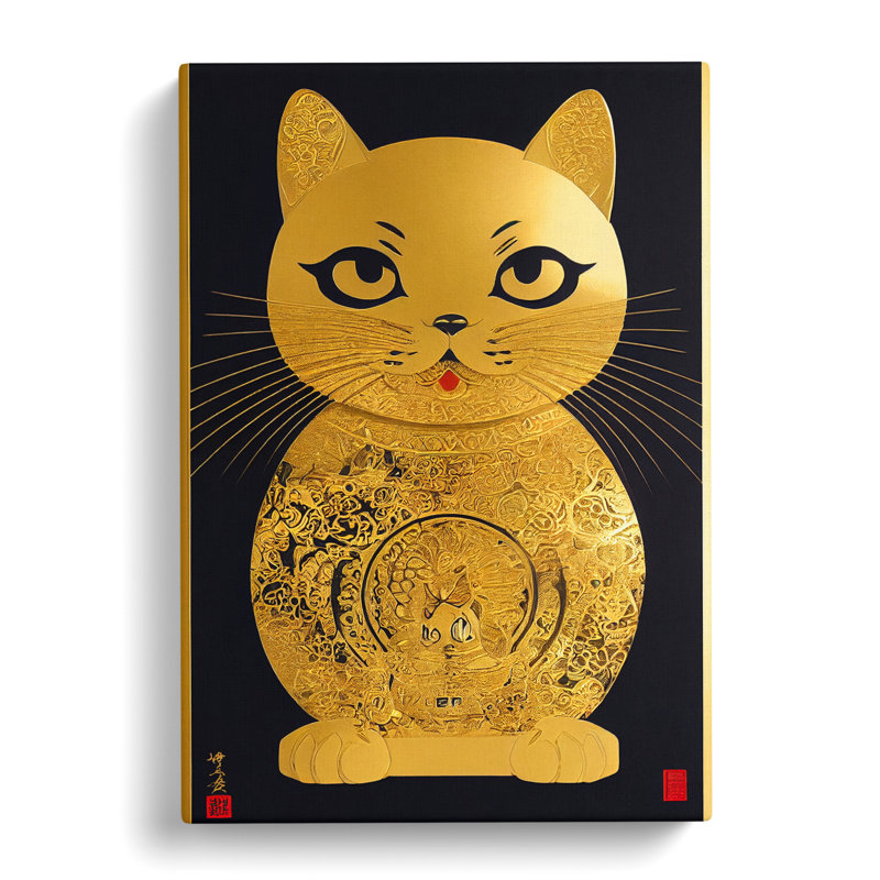Maneki Neko Gold Cat - Wrapped Canvas, 50cm H x 35cm W x 3cm D