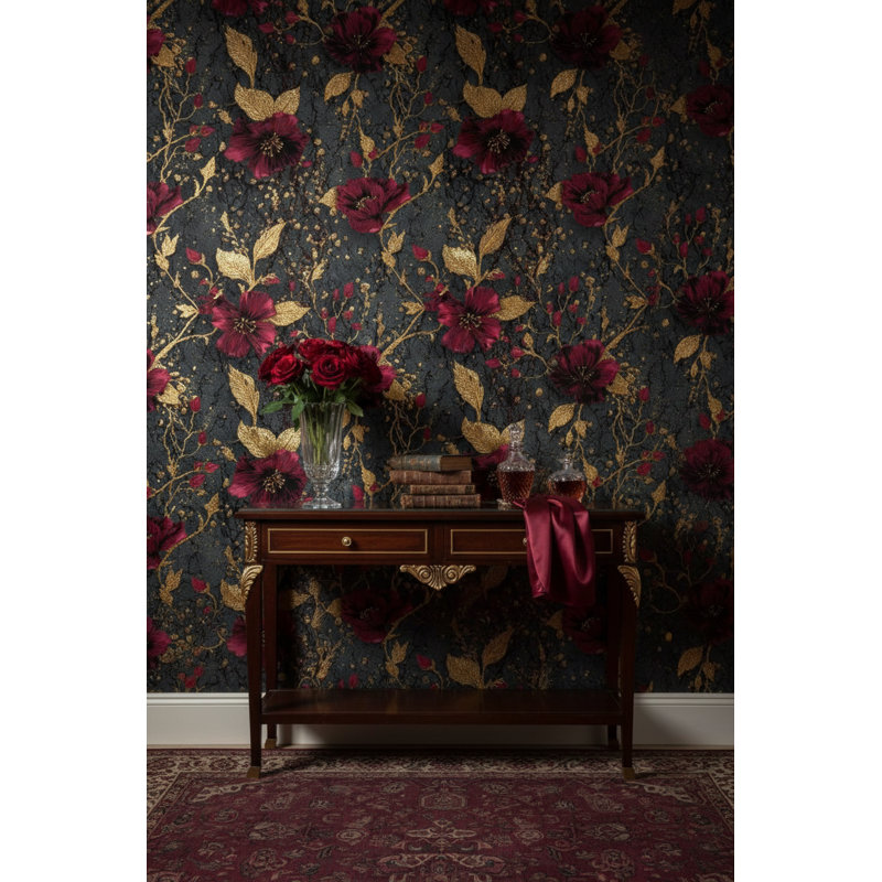 Papier peint floral, décoration murale murale dorée de luxe
