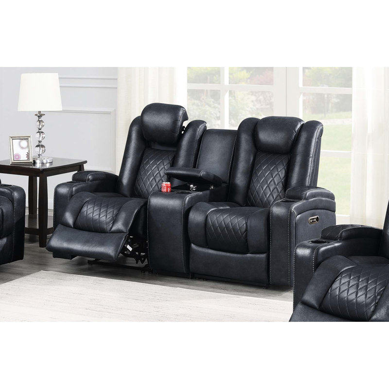 Console inclinable électrique encastrée avec rangement réglable pour le salon, 72 po x 39 po x 41 po, bleu encre, respirante, porte-gobelets le long de la console