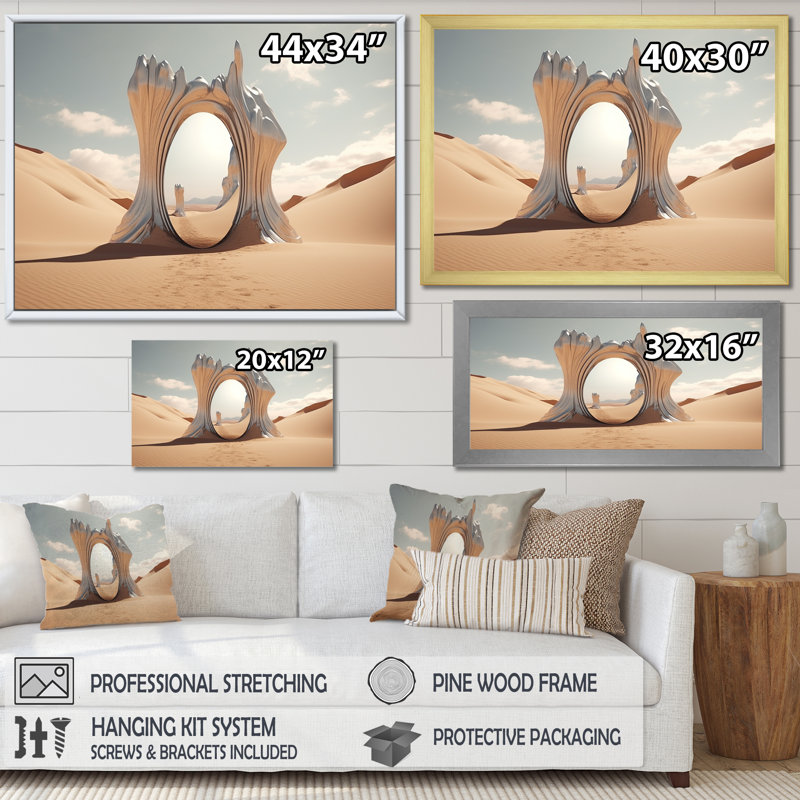 Porte à l'espace, paysage surréel IV - art mural surréalisme, Cadre doré à coins fermés, H 12 po x l 20 po x P 1 po