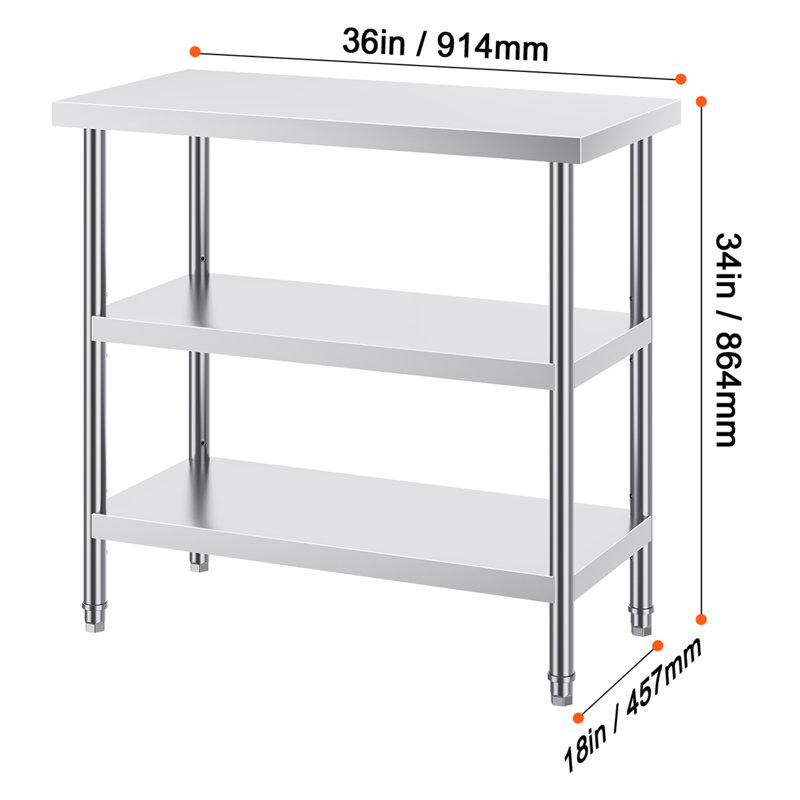 34 Inch Stainless Steel Food Prep Table with 2 Adjustable Undershelf, 34" H x 36" W x 18" D