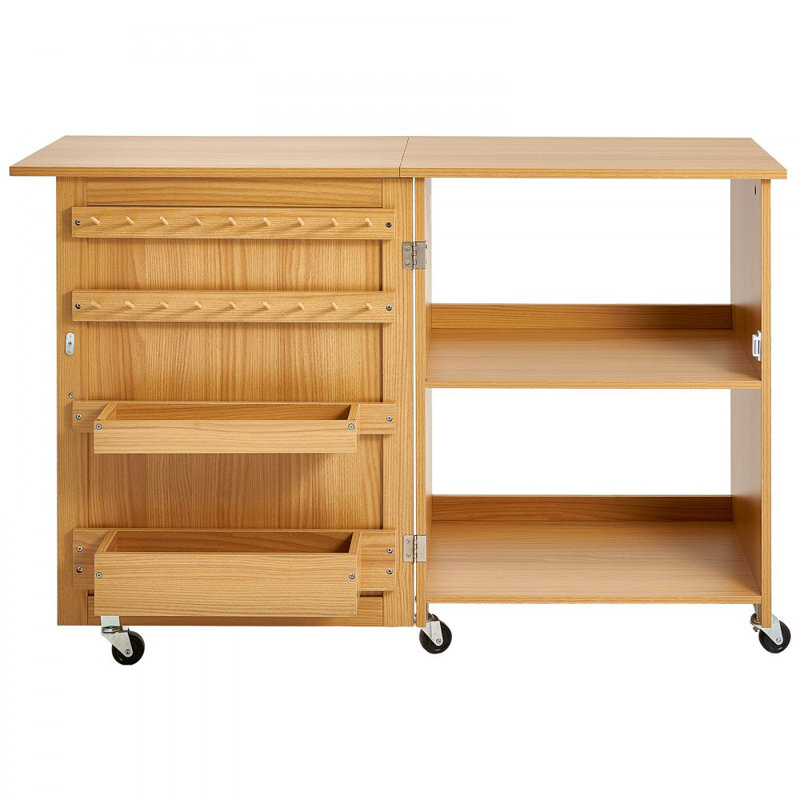 Folding Sewing Table with Lockable Wheels Storage Shelves Trays Door, Natural Wood