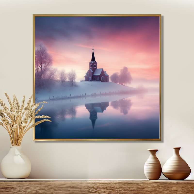 «Little Church In Misty Snow Landscape Sunset II», art mural, Toile avec cadre flottant or, H 16 po x l 16 po x P 1 po